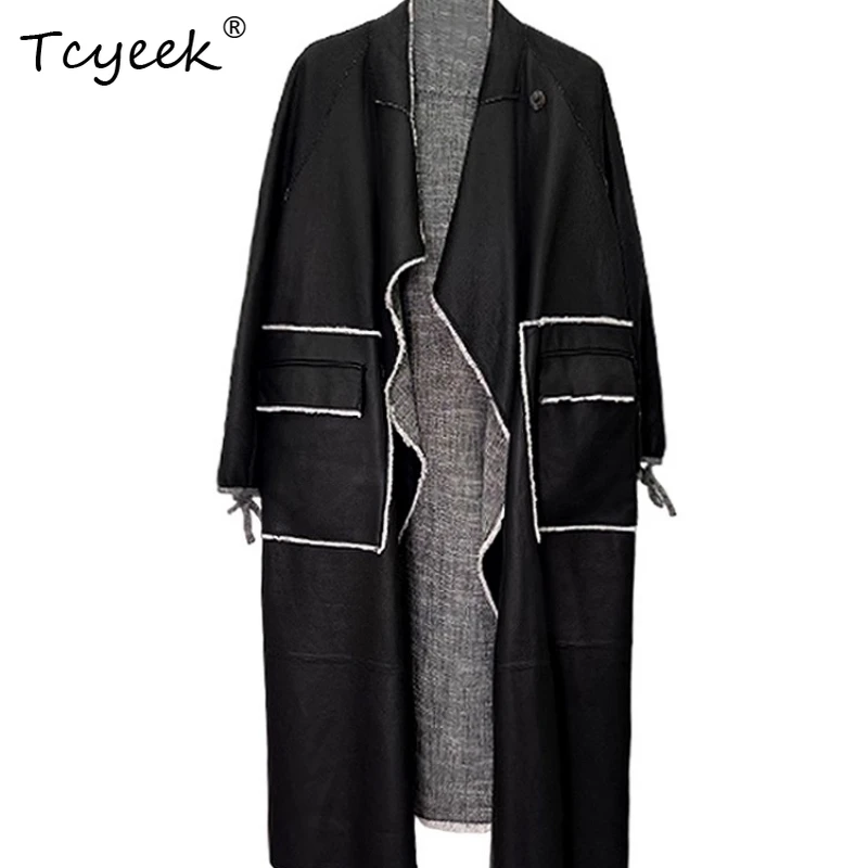 Tcyeek جلد الغنم ربيع الخريف العصرية بدلة سوداء طوق راجلان الأكمام متوسطة طول المرأة سترة جلدية حقيقية Jaqueta Couro