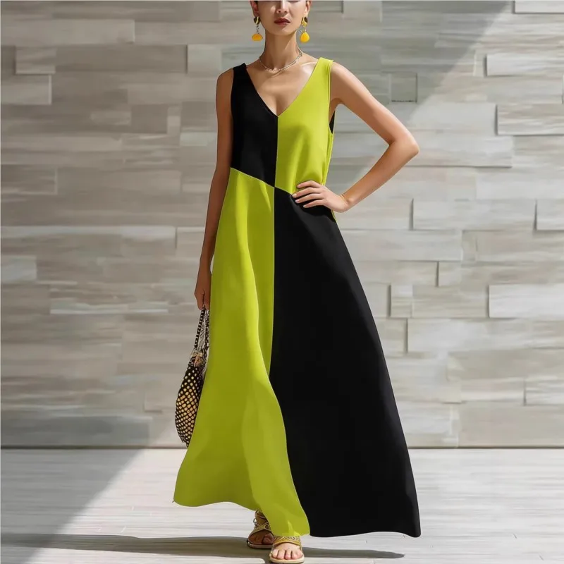 Two-Tone Blue Color Block Maxi Dress Sleeveless V-Neck Loose Elegant Casual Summer Vestidos For Vacation Beach And Daily Wear