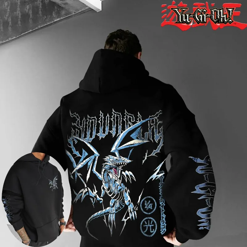 Clássico anime yu gi oh personagem olhos azuis dragão branco impresso masculino outono/inverno grosso e largo y2k halloween cos moletom largo