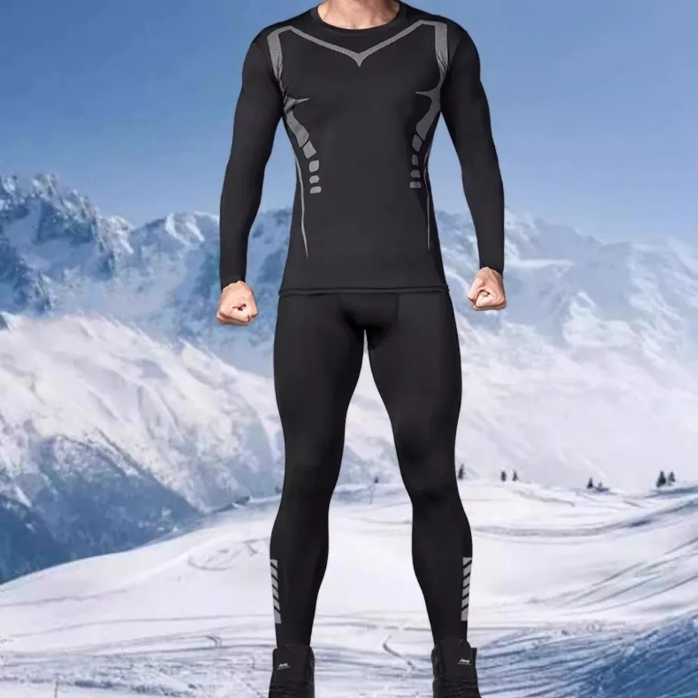 

2PCS Set Quick-drying Men's Ski Thermal Underwear Tight-fitting Elastic Fleece Fitness Suit Comfortable Soft Tops Pants Set