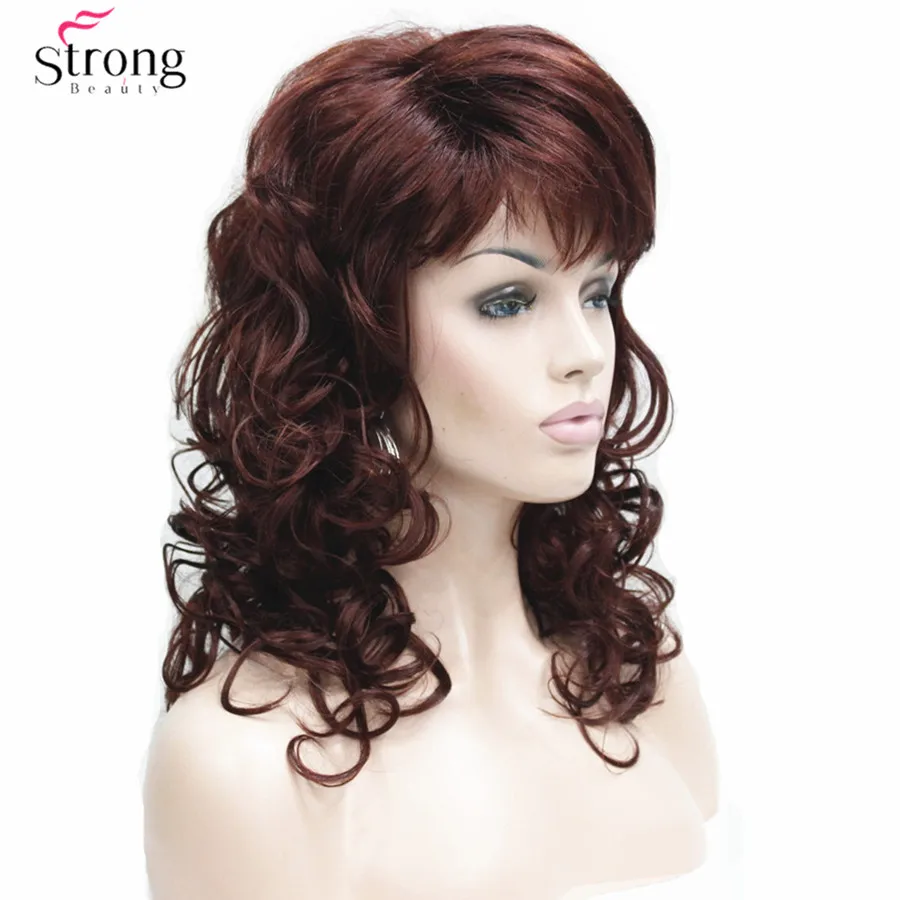 Women\'s  Medium length Wigs Long Dark Auburn Wig Wavy Oblique Bangs Synthetic Hair full Wig For Women