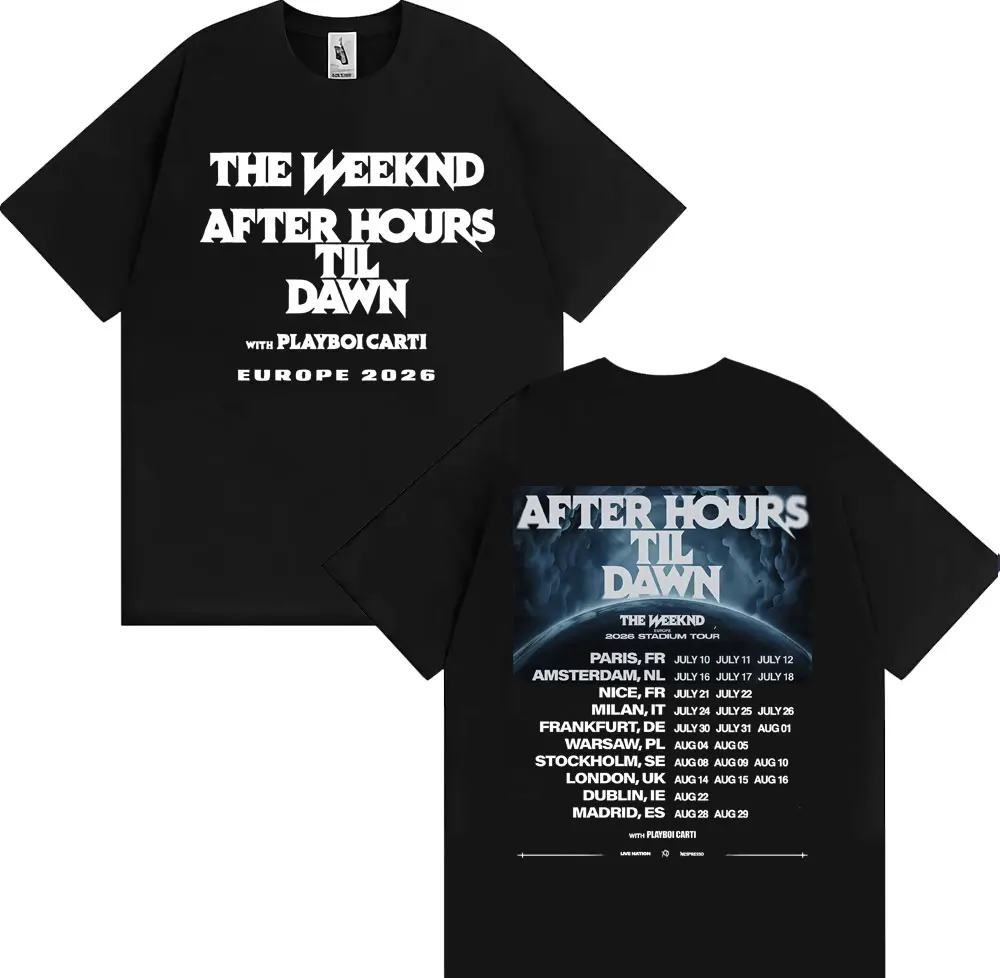 Camisetas The Weeknd After Hours Til Dawn Europe 2026 Stadium Tour para hombre y mujer, camisetas de algodón a la moda de Hip Hop, ropa de calle