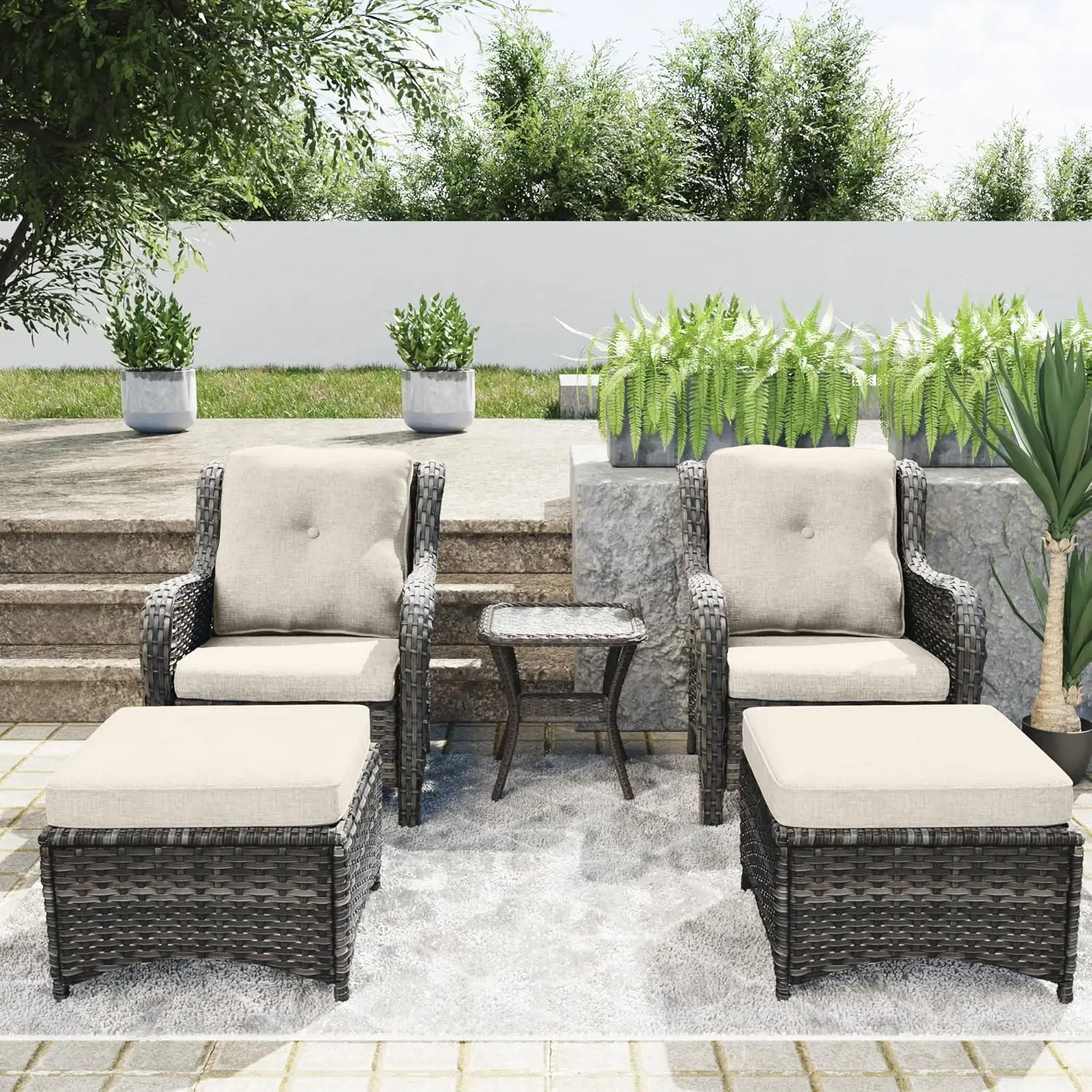 

5 Pieces Patio Conversation Set, Two Wicker Chairs, A Side Table and Two Ottomans with 3.5-inch Seat Cushions