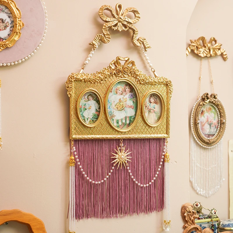 Classical Gold Embossed Photo Frame Pearl Tassel Home Livingroom Decoration Painting Artistic Carved Wall Hanging Picture Frame