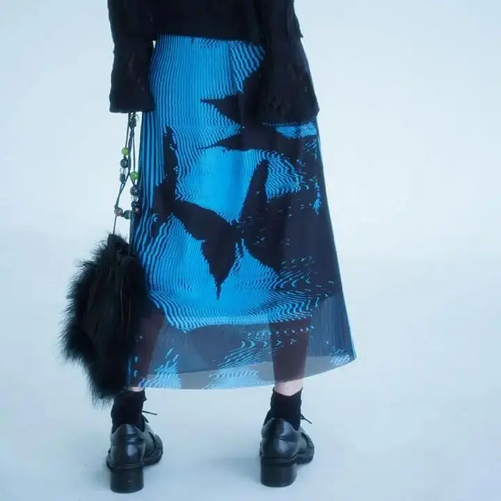 Original Black And Blue Butterfly Printed Mesh New Chinese Skirt For Women In Summer