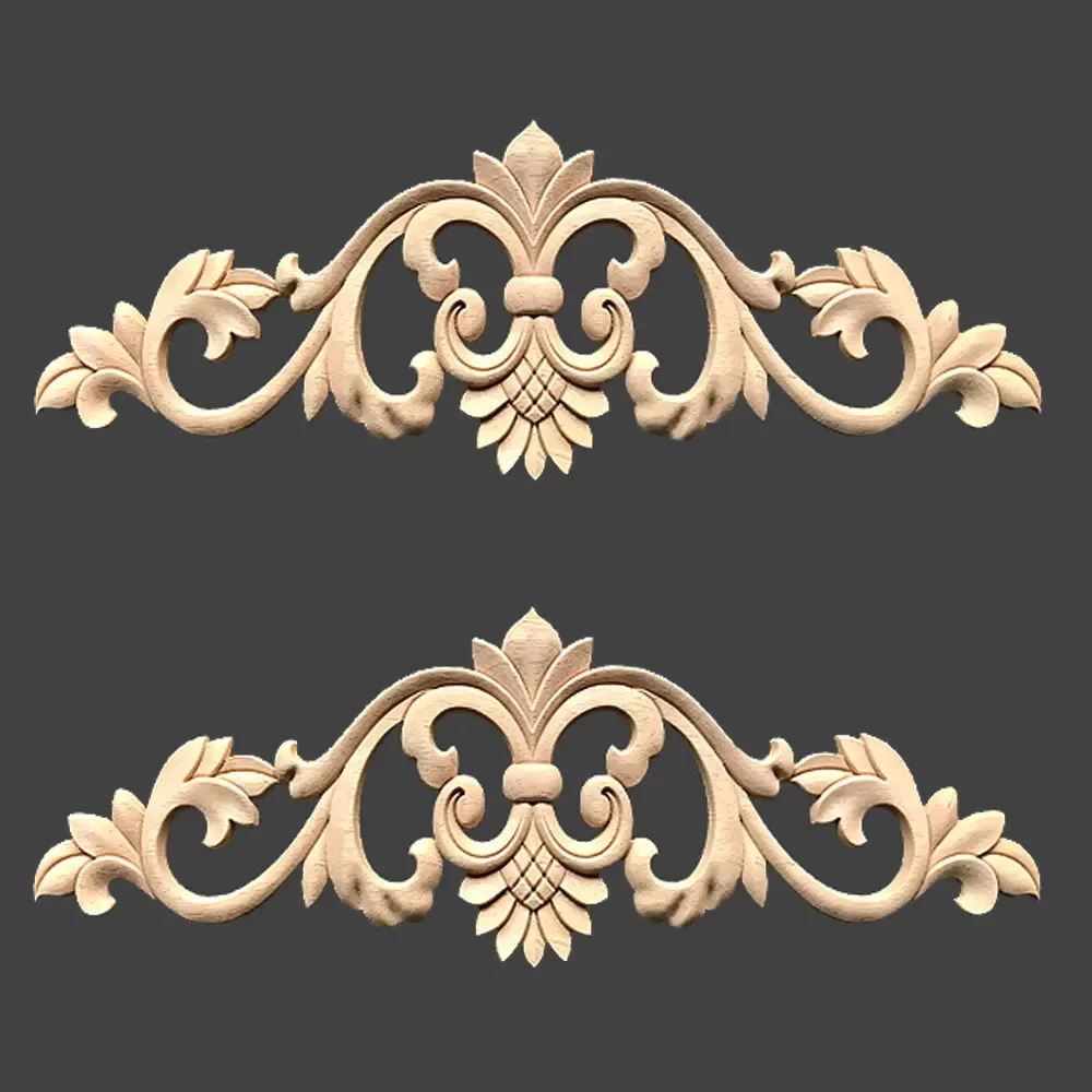 2Pcs Flower Wood Carving Decal 30/50cm Wood Carved Long Frame Applique Unpainted Wooden Carved Door Home Decor European Style