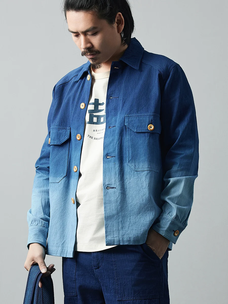 

Indigo Plant Blue Dye Loose Coat Ancient Tie-Dye Dark Blue Gradient Retro Workwear Jacket
