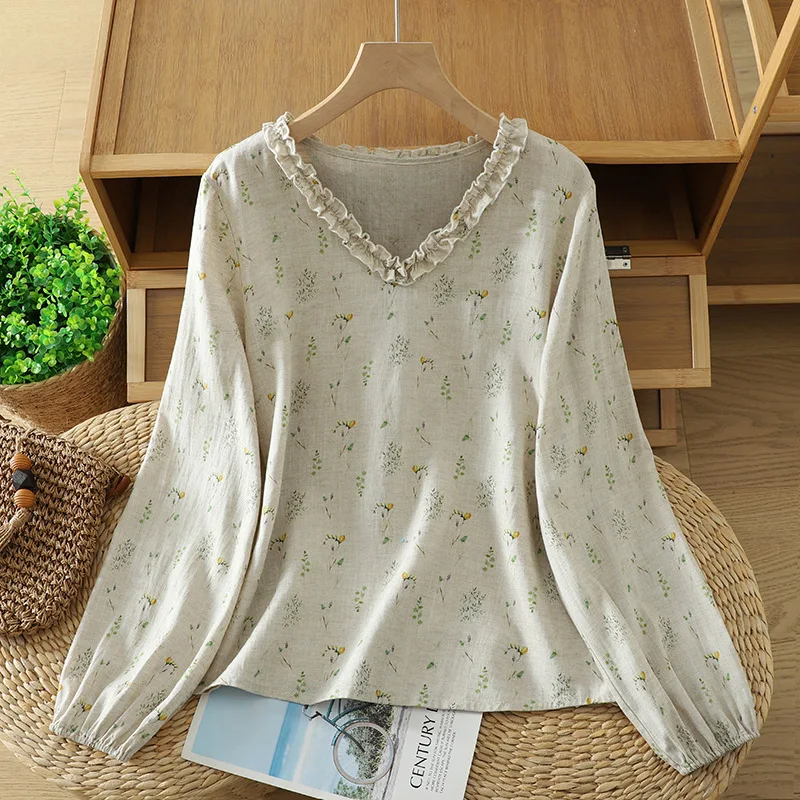

Новая весенняя льняная блузка в стиле Харадзюку Мори с зеленым цветочным принтом, V-образным вырезом, длинными рукавами и оборками, повседневный топ