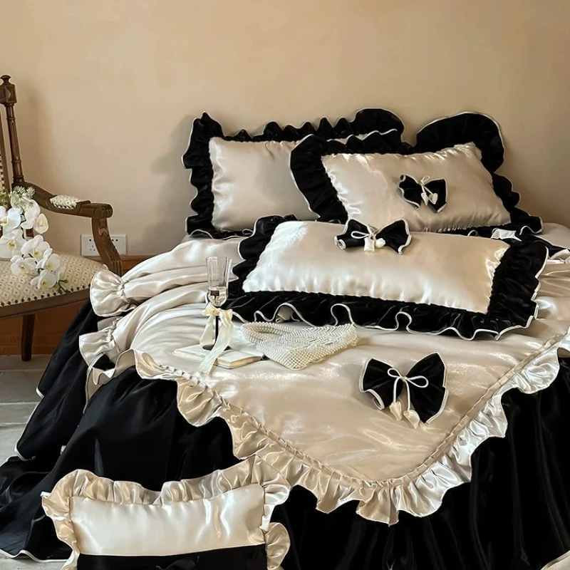 French romantic princess style cotton long-staple cotton four-piece set bow pure cotton lace quilt cover light luxury bedding