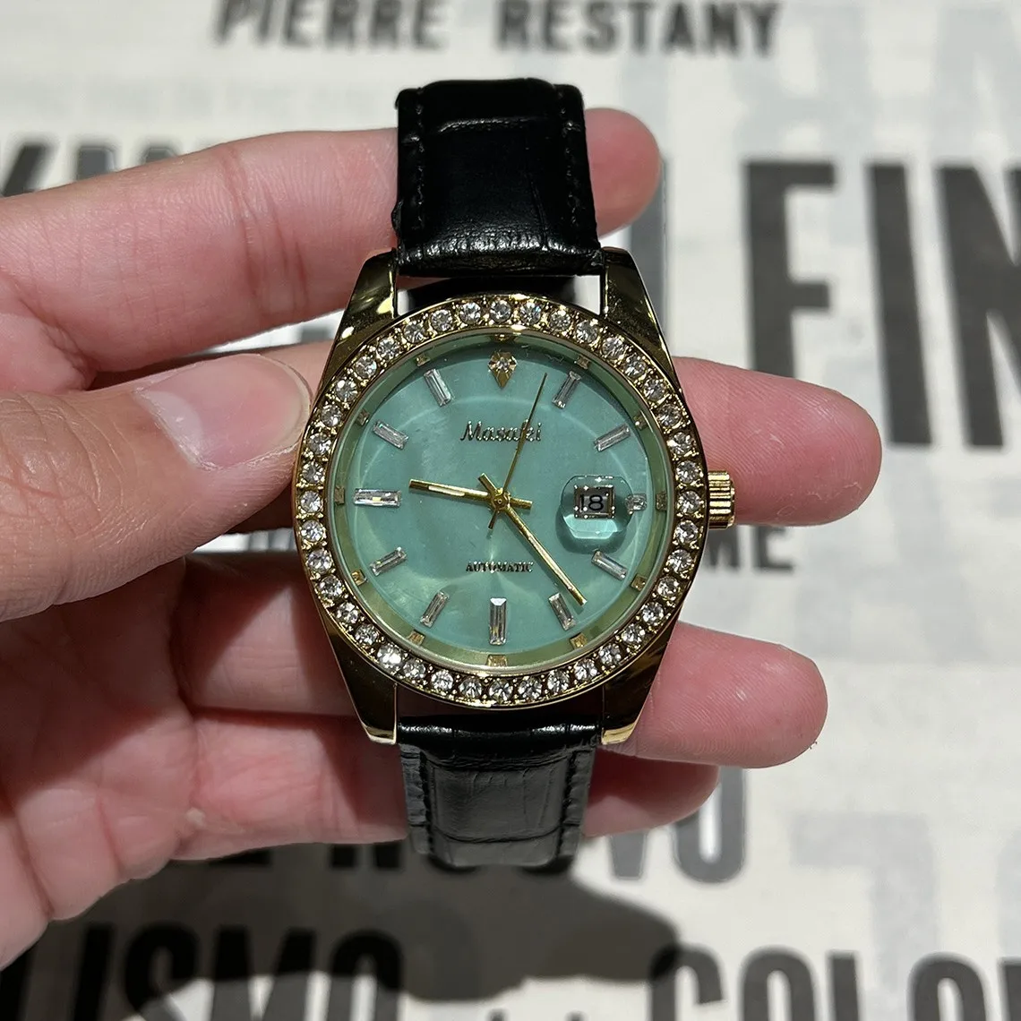 KAIRIS Man Luxury Quartz Watch Green Dial Crystal Bezel Leather Strap Fashion Elegant Wristwatch Gift