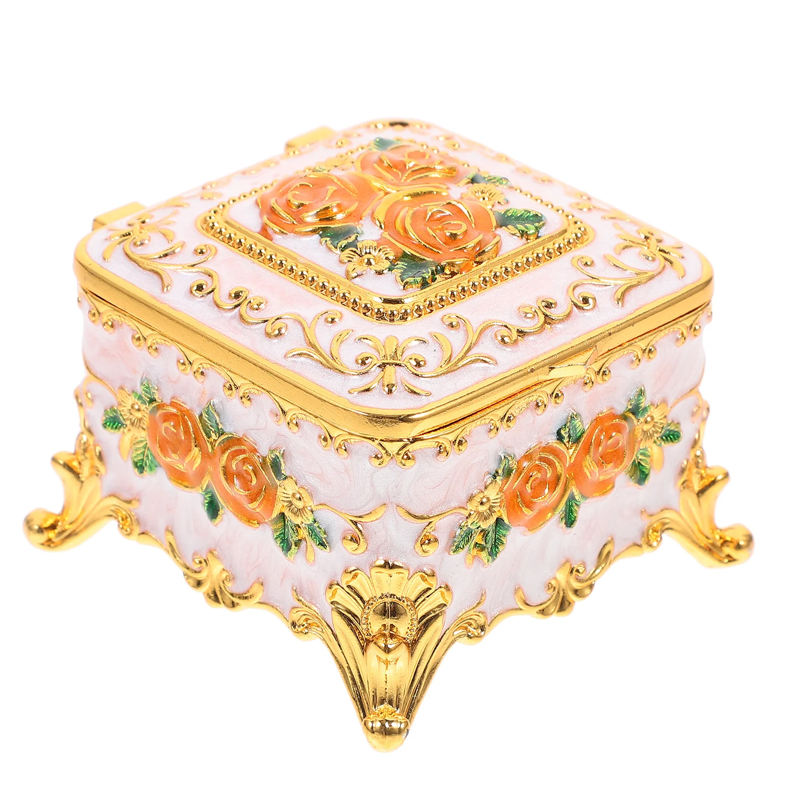 

Retro Jewelry Box Embossed Flower Detail Sturdy Zinc Alloy Construction Desktop Storage for Rings Earrings Necklaces