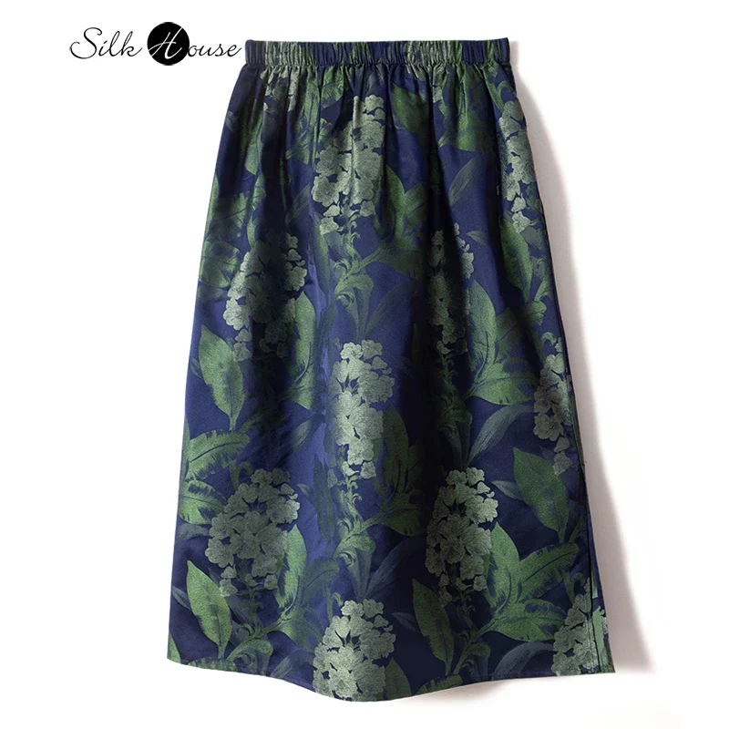 Blue Green Embroidery Flower Intangible Cultural Heritage Song Brocade Natural Mulberry Silk Vintage Elegant Light Luxury Skirt