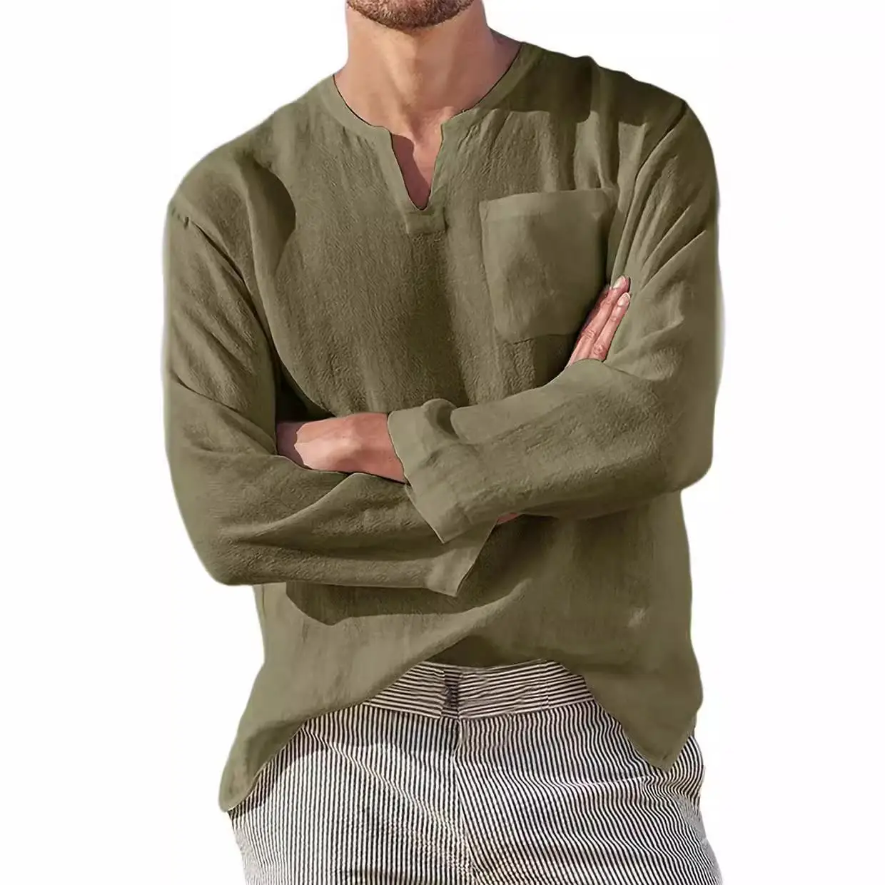 Men's Long Sleeve Beach Linen Shirt Swedish Collar Casual Style Pocket Detail Iron-Free Treatment Resistant to Deformation view 3