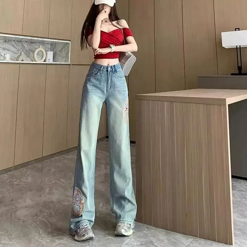 Embroidered High Waisted Jeans for Women Spring New Loose Straight Leg Pants for Women Blue Washed Jeans 2024