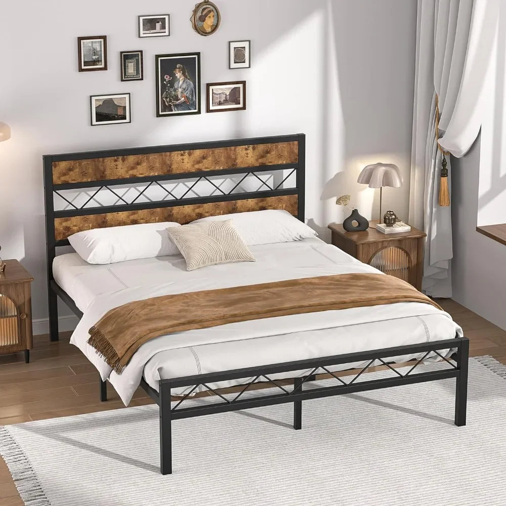 Queen Size Bed Frame, Vintage Wood Headboard, Heavy-duty Metal Slats Support, Platform Mattress Base, Metal Platform Bed Frame