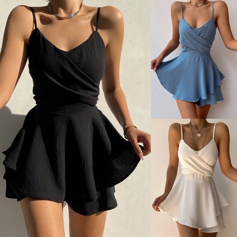 Backless Sleeveless Sexy Dress Solid Color Spaghetti Straps Falbalas Hem Skirts V-Neck Cross-Criss Breast Cami Cloth