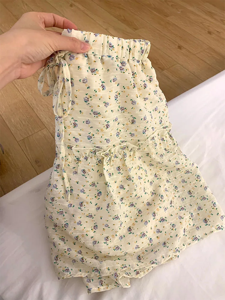 

French Elegance Beige Bow Floral Skirt Summer Women New Design Sweet Girl Elastic Waist Pleated A-line Skirt Fashion New Trend