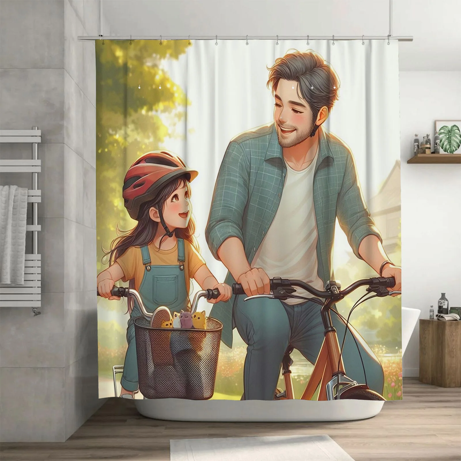 Heartwarming Father  Daughter Cycling Shower Curtain - Waterproof, Mildew-Resistant, Machine Washable for Cozy Bathroom Decor