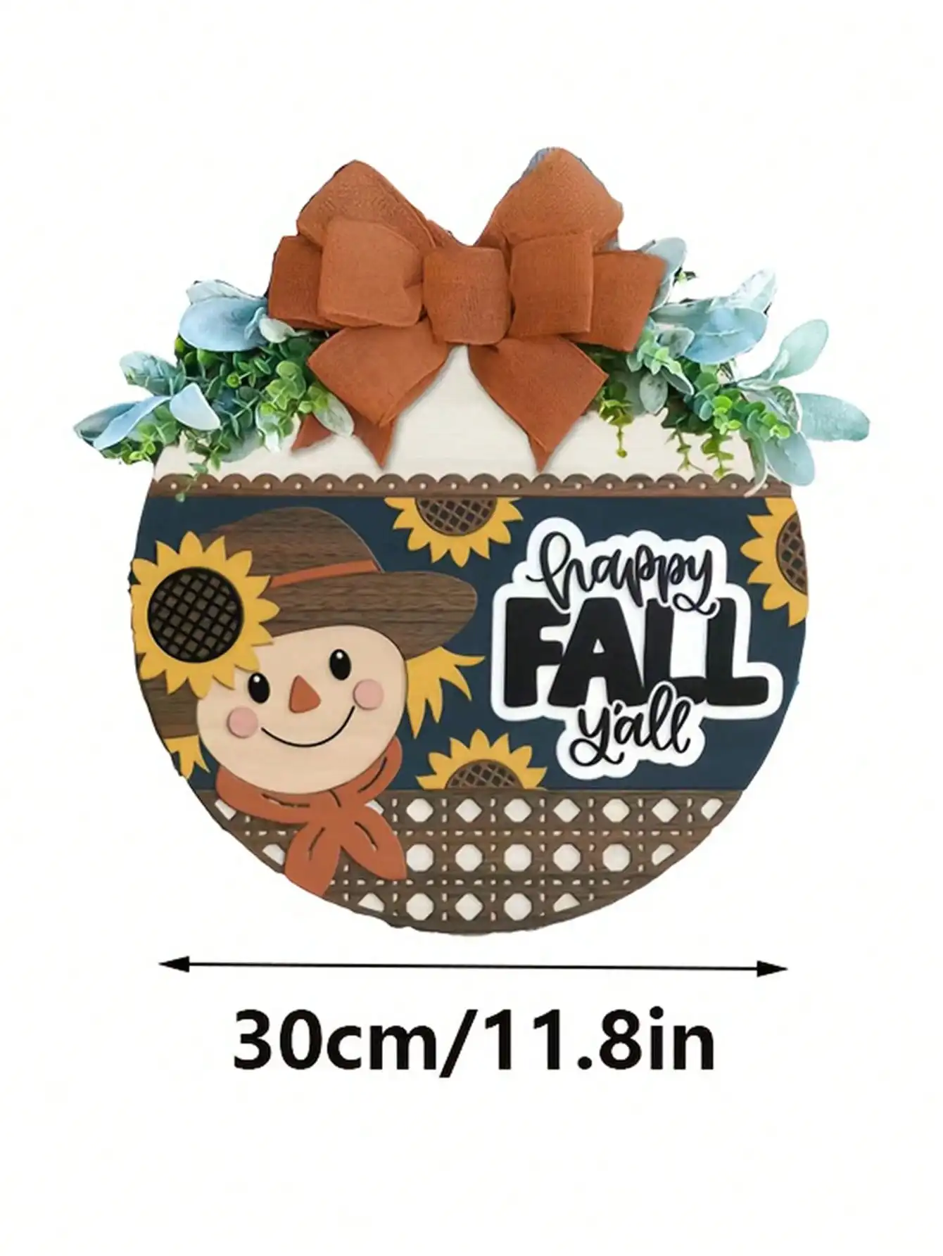Cheerful 3D-textured wooden door sign featuring a sunflower and scarecrow autumn wreath—a round, farmhouse-style decoration perfect for front doors, porches, and Halloween displays; includes a bow for easy hanging and is suitable for both indoor and outdo
