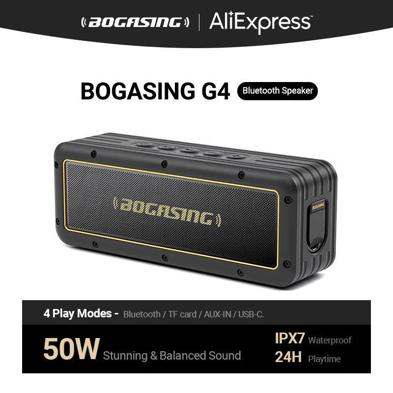 BOGASING G4 Bluetooth-динамик 50 Вт с улучшенным басом Портативный динамик с 24-часовым временем воспроизведения, Bluetooth 5.3, TWS, IPX7 Водонепроницаемый для кемпинга