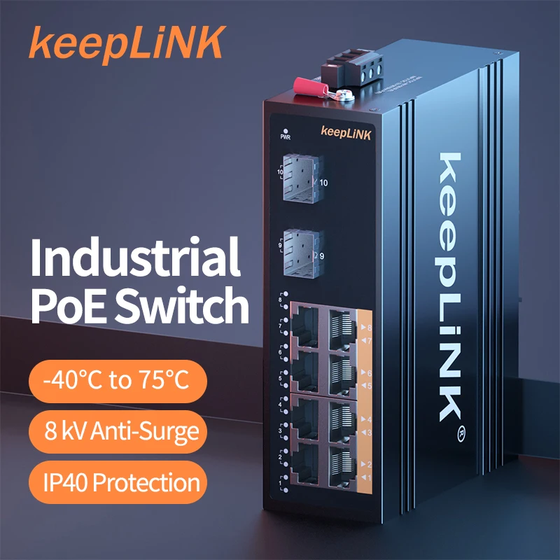 KeepLink Industrial PoE Switch 8-Port 10/100/1000Mbps Gigabit Ethernet 2-Port Gigabit SFP Unmanaged DIN-Rail IP40 IEEE802.3af/at