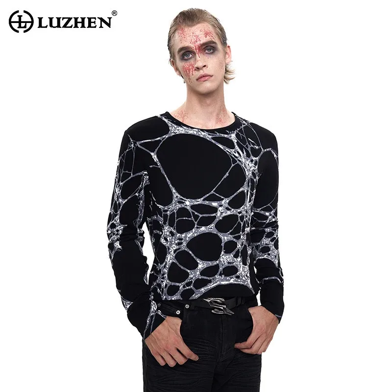 

LUZHEN Spider Web Pattern Printed Slim Fit Long Sleeve T-shirt Men's 2025 Spring New Slim Fit Handsome Street Casual Tops JY3317
