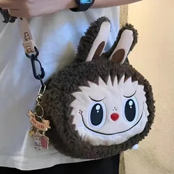 Sac à bandoulière en peluche de dessin animé Labubu pour femme, Kawaii Popmarts, sac messager marron Monster peuv, sac à main de maquillage mignon, portefeuille