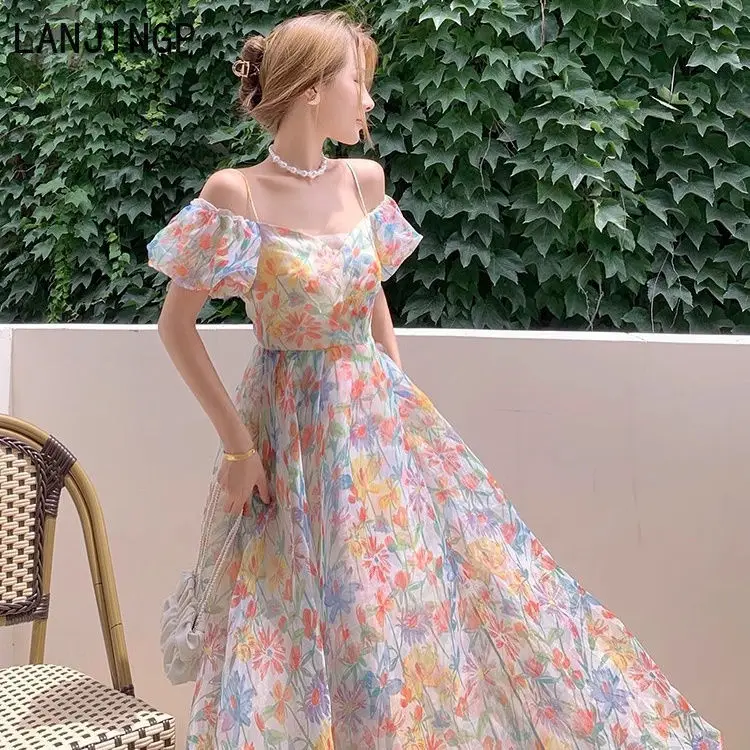 

Floral 2025 vacation wind bubble dress French long dress retro print design new beach skirt