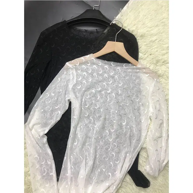 Damska koszulka z siateczki z długim rękawem, chroniąca przed słońcem, seksowna, ażurowa, jednolita, dopasowana, streetwear