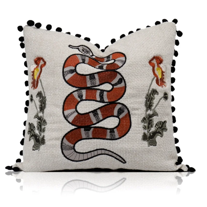 Snake Embroidery Pillow Retro Flora Cushion Case Green Decorative Pillow Cover For Sofa Chair Home Decorations
