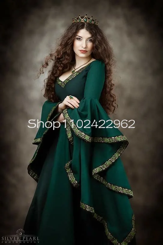 Hunter Green Fairy Long Sleeve Prom Dresses Celtic Elven Forestcore Medieval Viking Lace Applique Costume Evening Gown