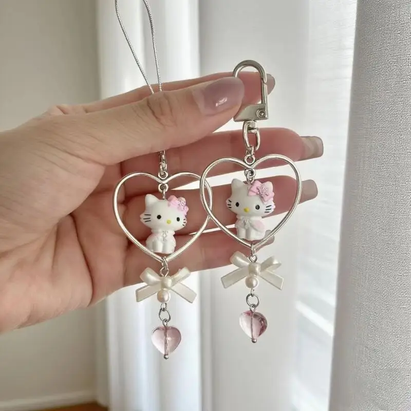 

Hello Kitty, милый кот, бусины любви, кавайные украшения, цепочка для мобильного телефона, брелок с бантом, подвеска в виде любви, подарок на день рождения для девочек