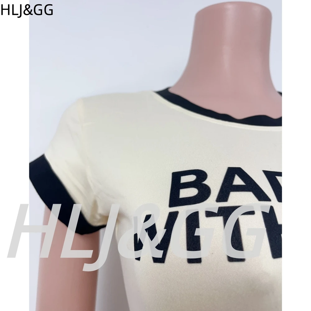 HLJ&GG Fashion Y2K Leopard Lace Shorts Two Piece Sets Women Letter O Neck Short Sleeve Slim Crop Top + Shorts Outfits Streetwear view 5