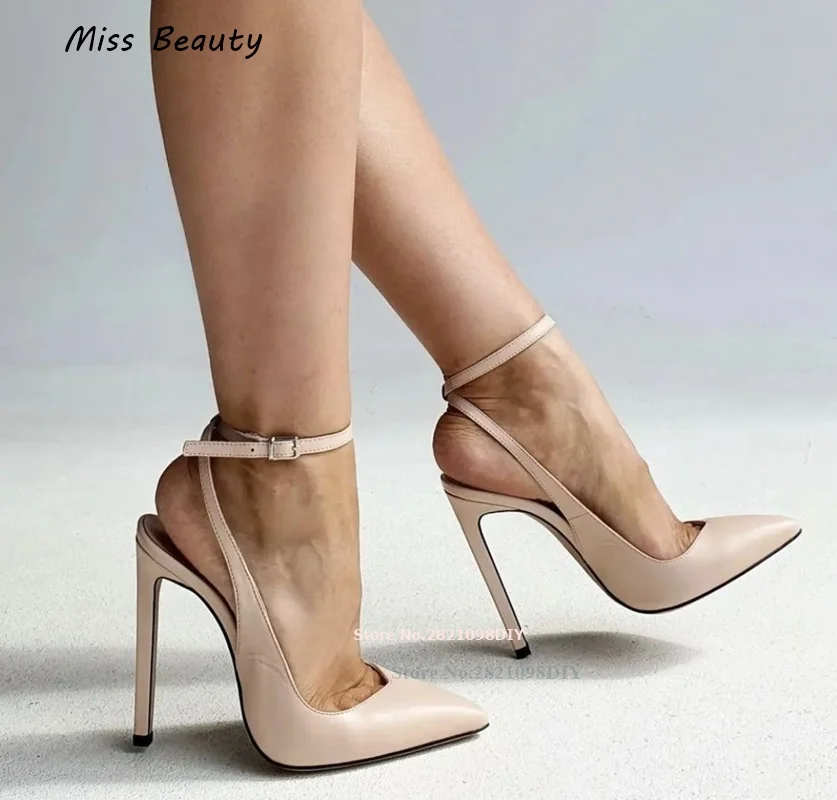 12Cm Thin Heeled Nude Black Leather Pointed Toe Ankle Wrap Buckle Pumps High Heels Pointy Toe Women Stiletto Party Dress Shoes