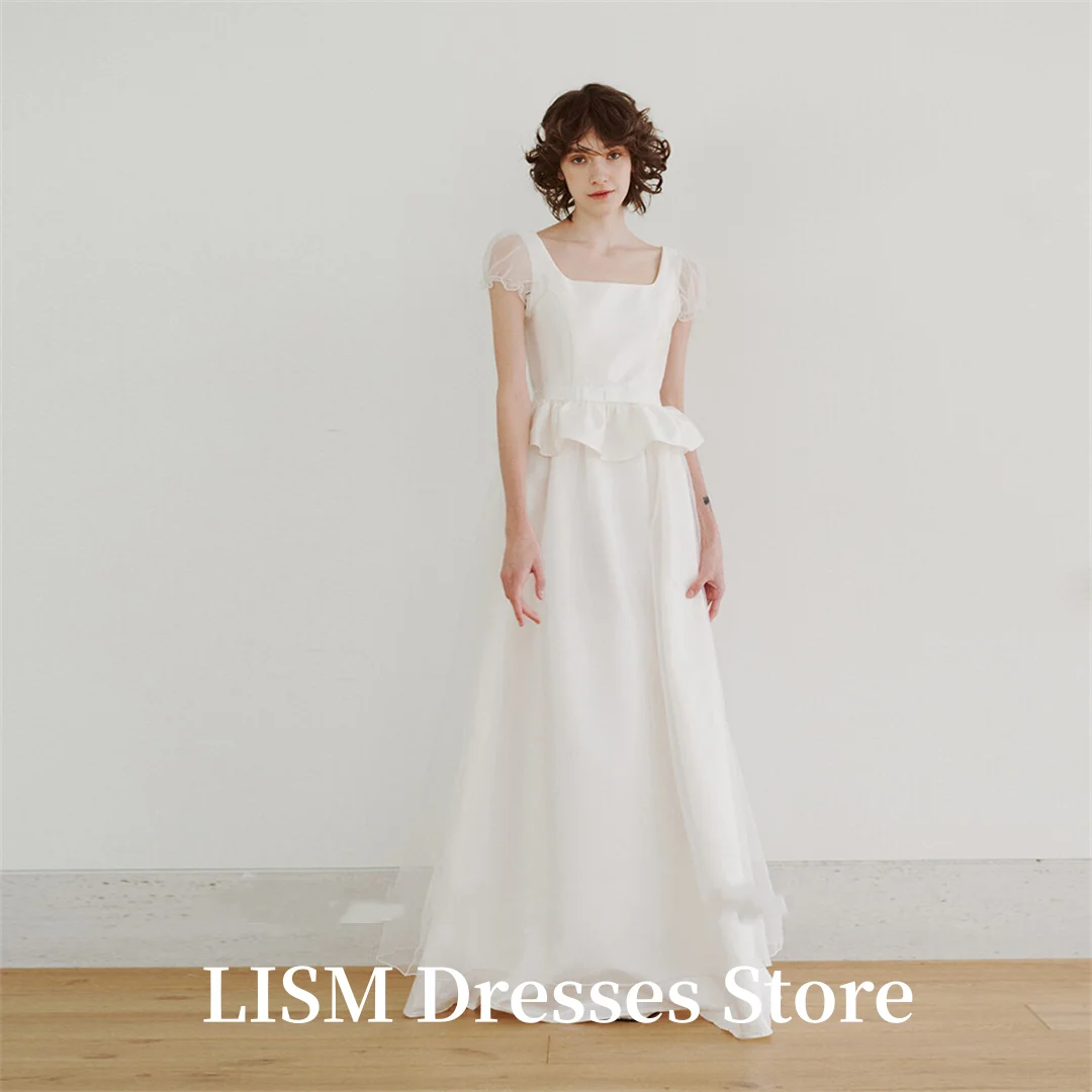 LISM Square Neck Ruched Elegant Simple Bride Dresses A-Line Puff Sleeves Ivory Wedding Dresses 웨딩드레스 Ivory Customized