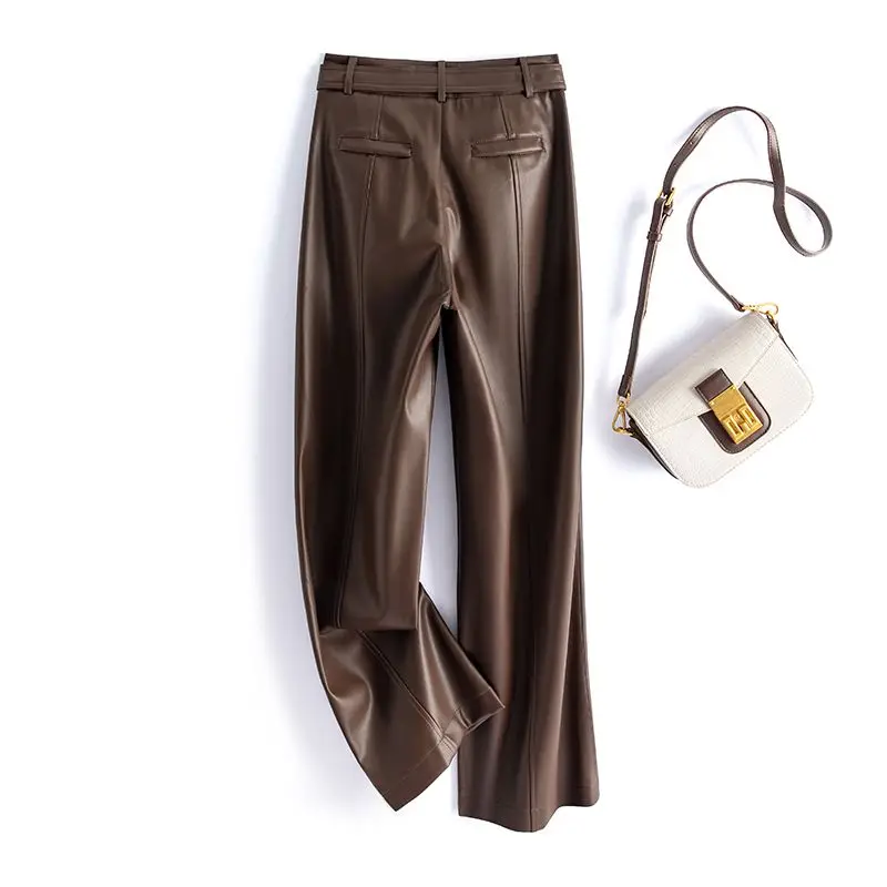 Black Genuine Leather Pants Women Sheepskin Straight Pants Spring Autumn High Waist Belt Loose Real Leather Casual Trousers