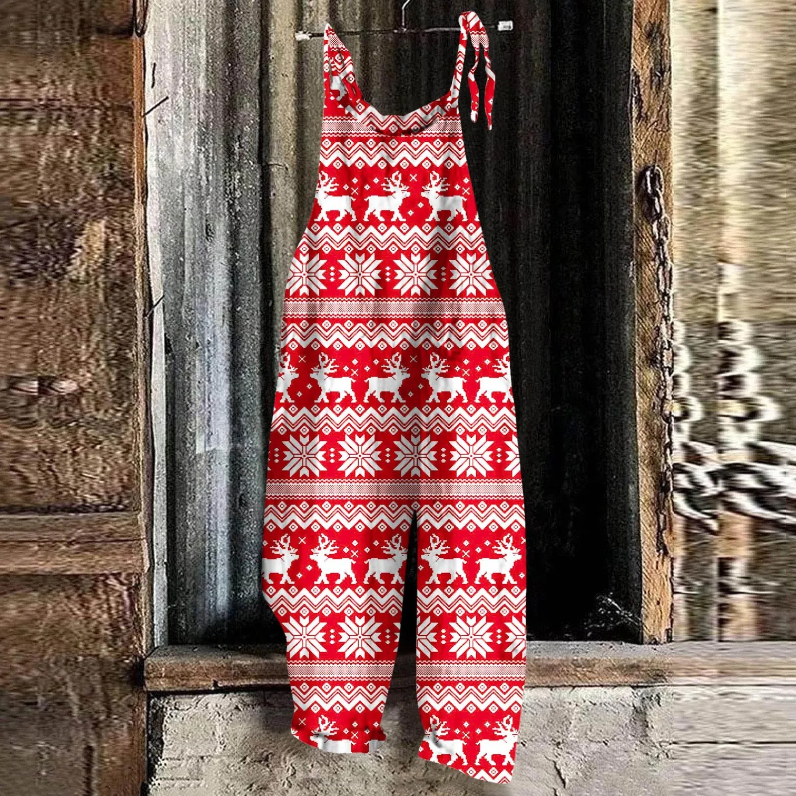 Women\'s Christmas Snowman Print Adjustable Strap Jumpsuit Wide Leg Rompers Loose Casual Bib Overalls Strappy Dungarees Onesie