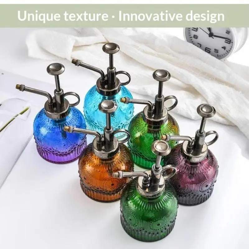 1Pc Glass Watering Spray Bottle Vintage Plastic Top Pump Watering Can Colored Glass Spary Bottle Plant Mister For House Plants