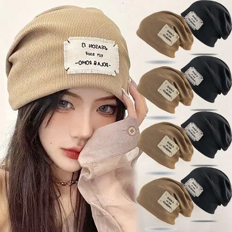 2023 Fashion Letter Pile Hat Woolen Knitted Cap Japanese Retro Women\'s Bonnet Solid Colors Soft Skullcap For Girls Wool Beanies