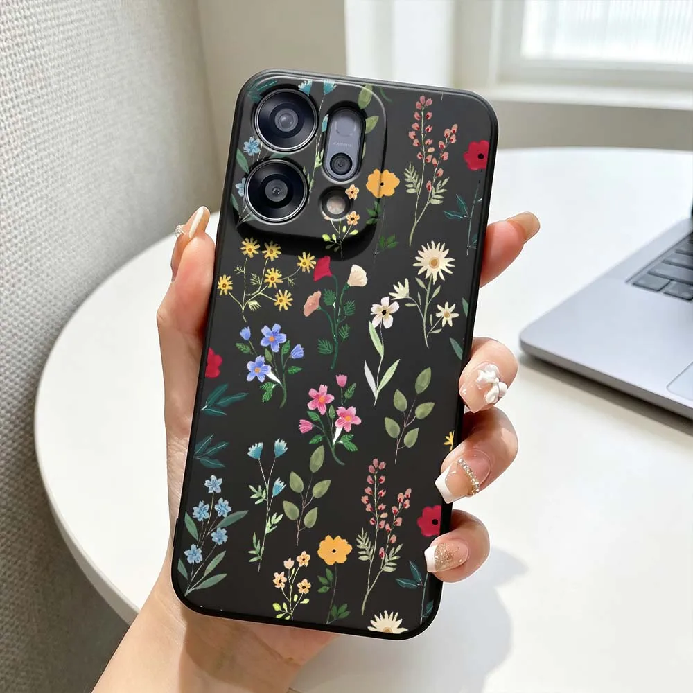 Watercolor Flower Art For OPPO Find X5 X6 X8 X9 Ultra Lite Reno15 Reno14 Reno13 Reno12 F Pro Max 5G Black Phone Case