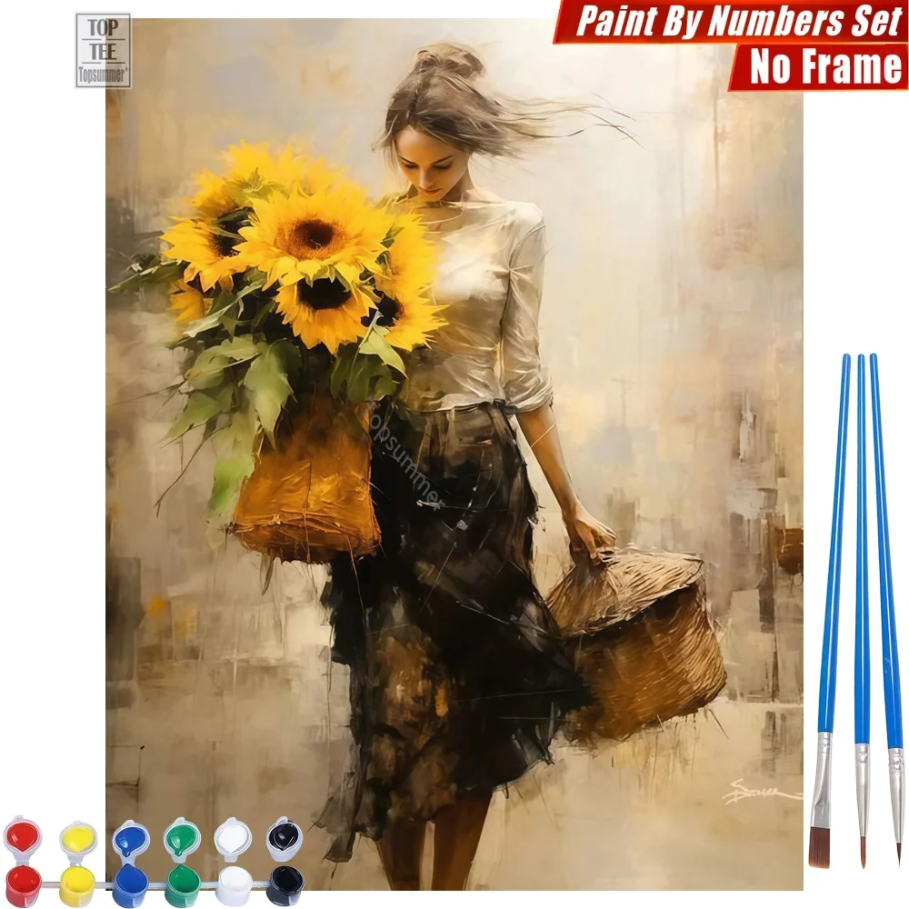 

Набор для рисования маслом по номерам «Женщина с подсолнухами» - Женщина с корзиной, солнечный свет, декор для дома, подарок на День благодарения для бабушки