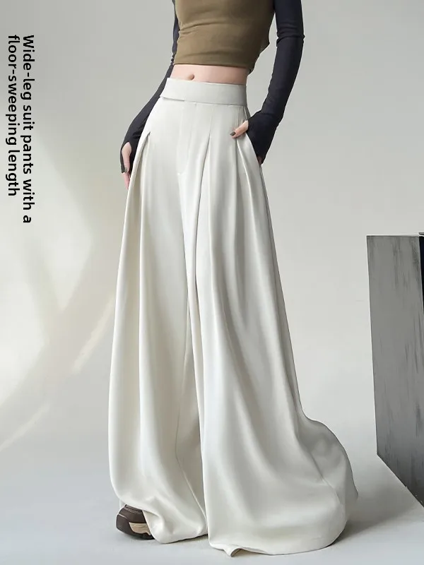 

White Wide Leg Suit Pants Women's Spring Autumn Loose Versatile Slimming High Waist Drapey Casual Floor Length Skirt Pants