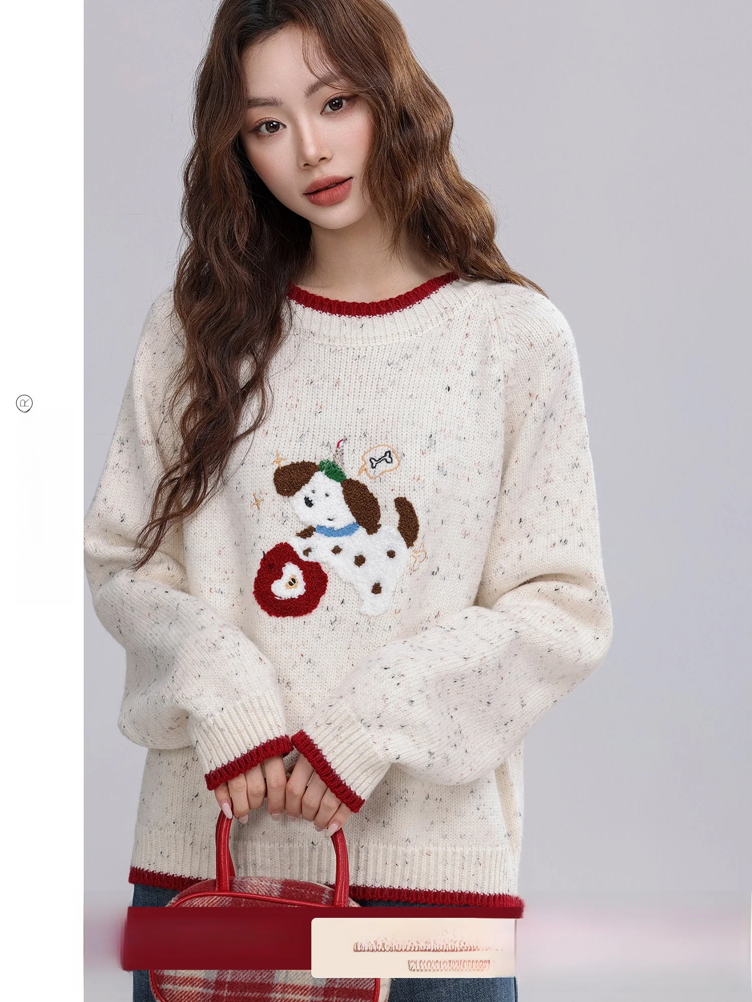 

Свободный женский вязаный свитер с круглым вырезом, с мультяшным рисунком собачки и цветочным узором, зимний, модный, винтажный, повседневный топ