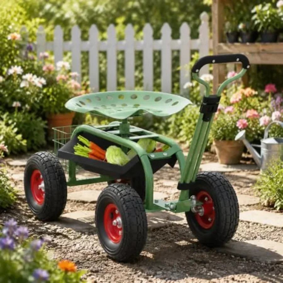 Garden Cart with Wheels Height Adjustable Rolling Work Seat360 Swivel Green