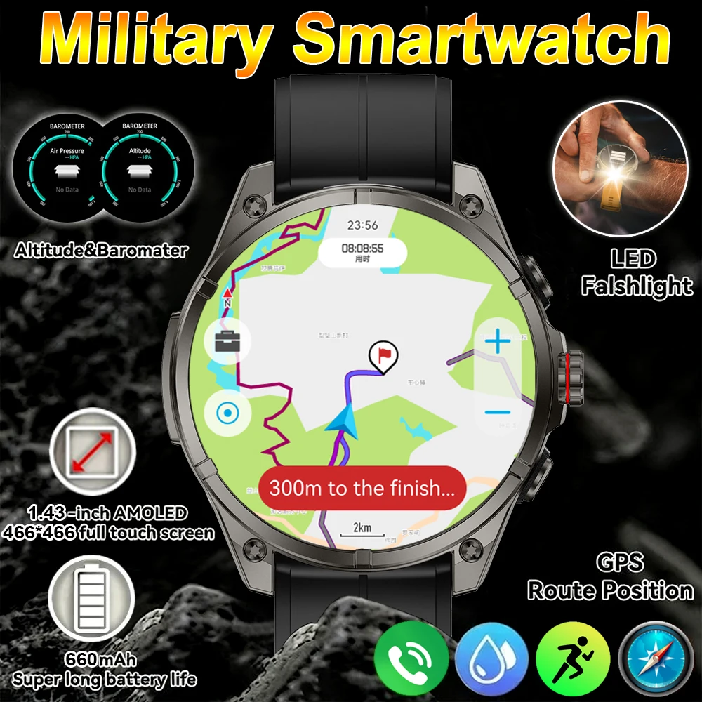 جديد GPS ساعة ذكية في الهواء الطلق 5ATM مقاوم للماء الترا HD AMOLED عرض مصباح ليد جيب المدمج في GPS + BD BT دعوة Smartwatch الرجال