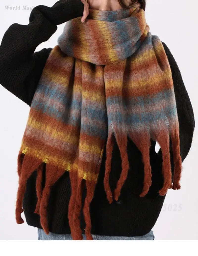 Women Winter Faux Cashmere Scarf, High Sense Warm Shawl, Mohair Striped Thick Color Block Neck Wrap, Soft Cozy Versatile Outfit