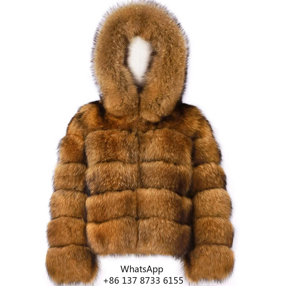 Wholesale Plus Size Hooded Raccoon Fur Jacket Women 2023 Winter Warm Long Sleeve Natural Fur Coat Ladies Outerwear
