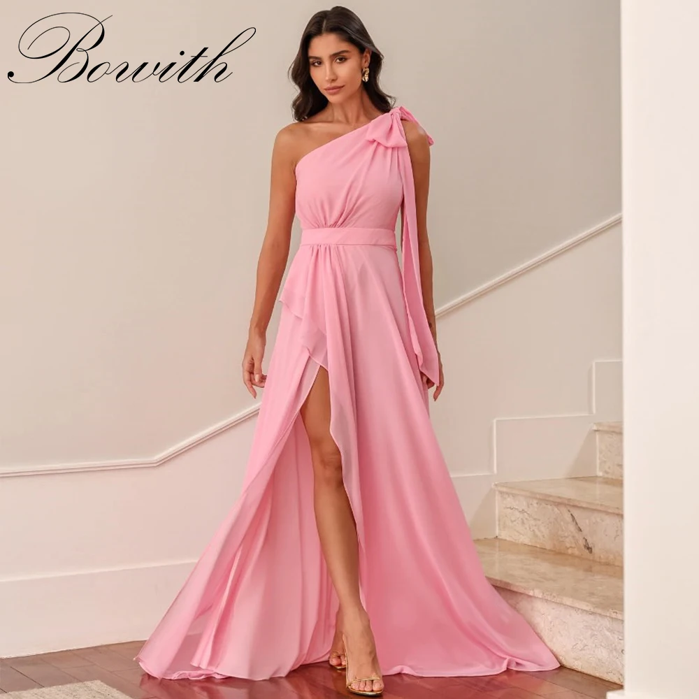 

Bowith Women Chiffon Summer Dresses One-Shoulder High Slit Prom Dresses Customized Pink Evening Party Gown