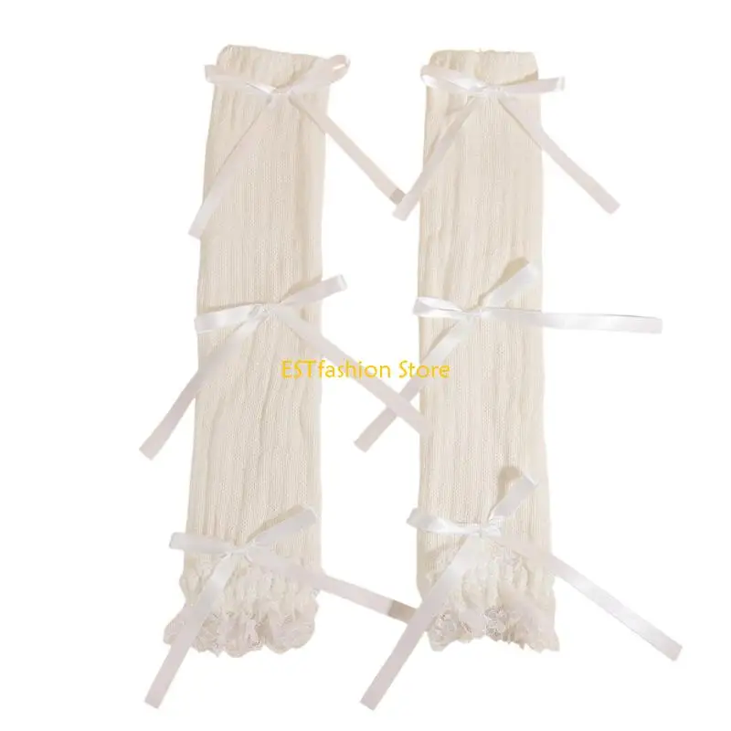Y5GC Elegant Lace Bows Stacked Arm Sleeves for Women Comfortable Acrylic Arm Warmers