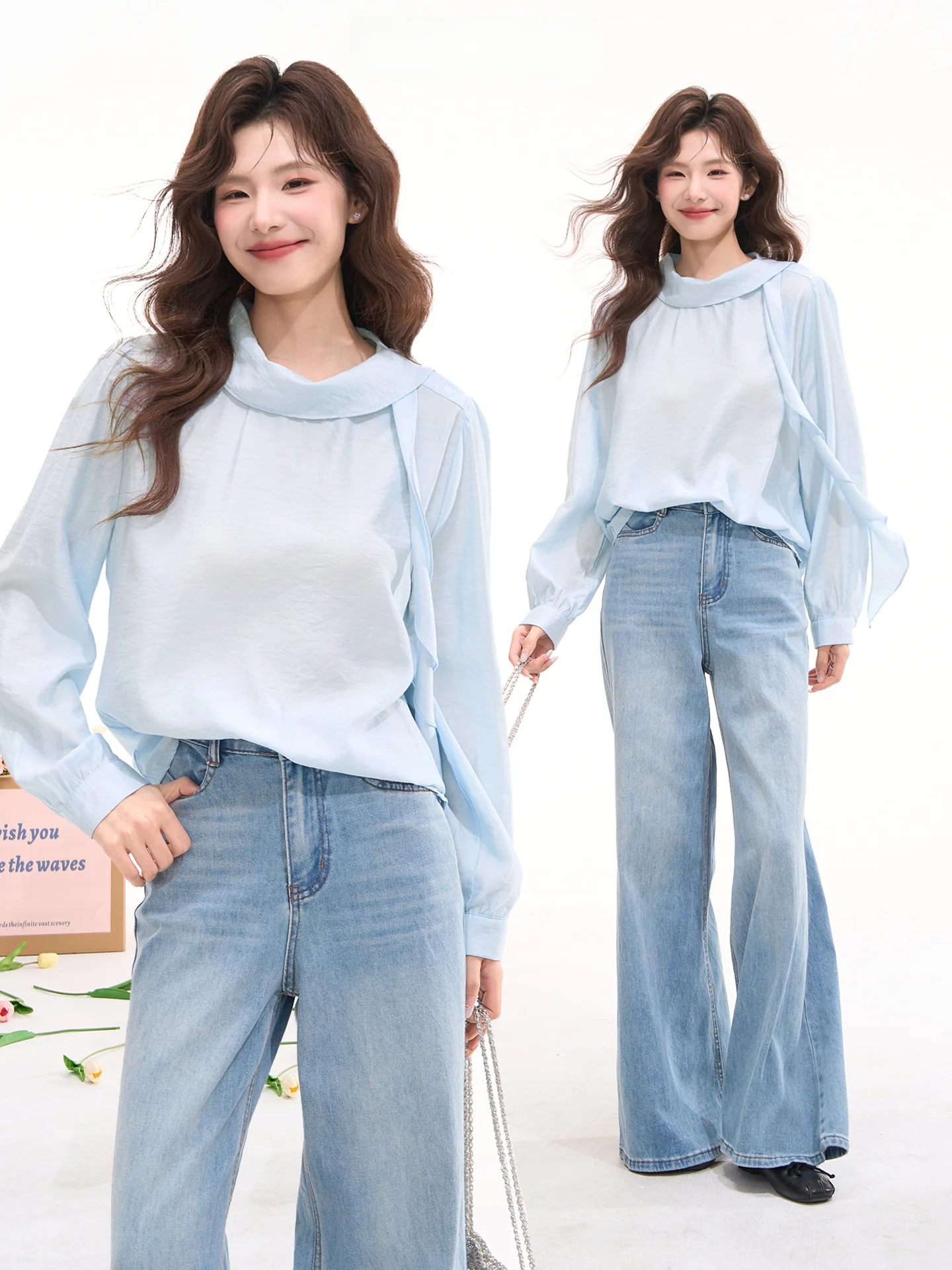 

Heme Long Sleeve Women's Shirt Spring Summer Casual Style Loose Fit Sea Salt Vacation Wind Ribbon Design Sensation Cotton Blend